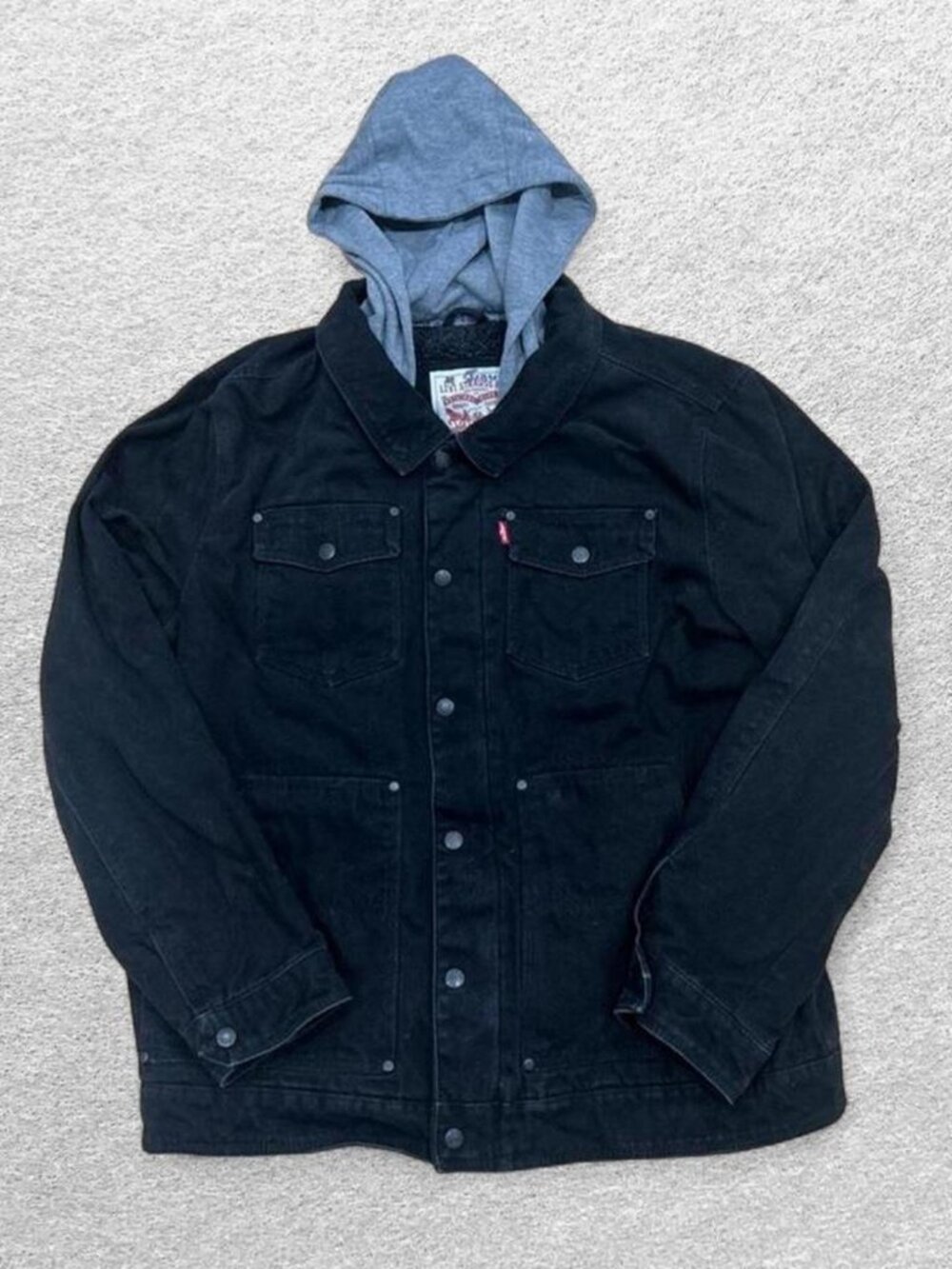 Levi's Mens Black Sherpa Lined Denim Trucker Jacket Hoodie Size L